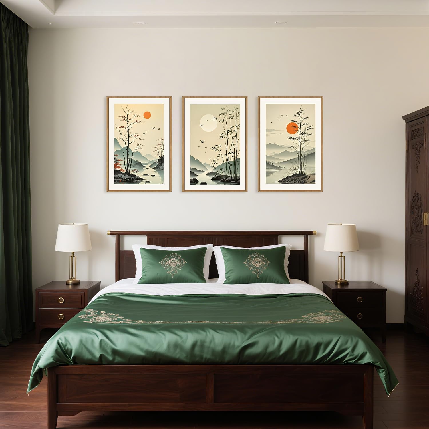 Chinoiserie Bamboo Forest Framed Canvas Wall Art Set, Nature Tree Lakes Wall Decor, Minimalist Zen