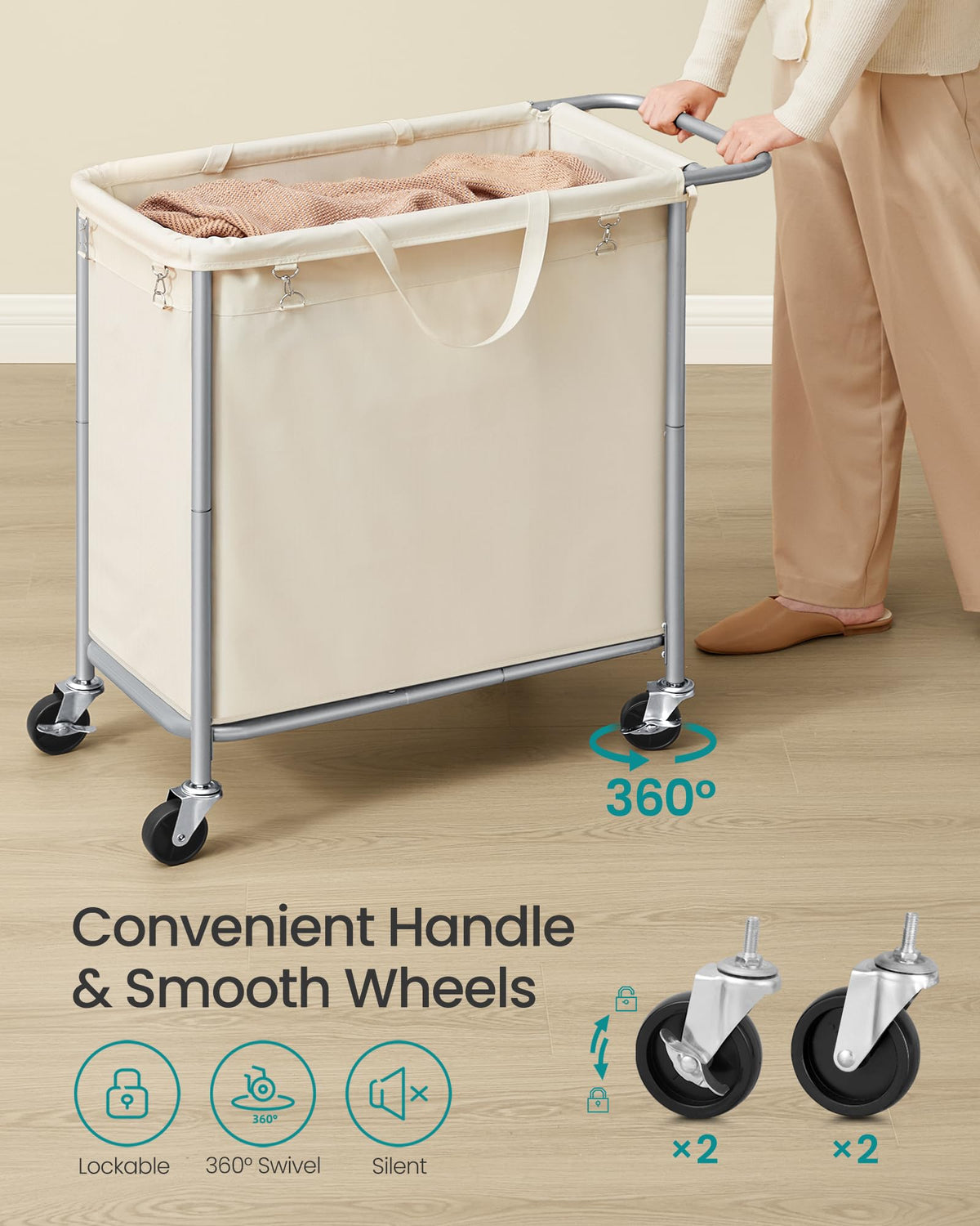SONGMICS Laundry Basket with Wheels, Rolling Laundry Hamper, 47.5 Gallons (180 L), Removable Liner