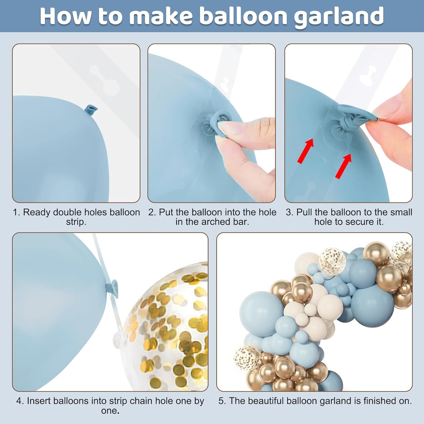 Amandir 153pcs Dusty Blue Balloon Garland Arch Kit, Different Sizes 18 12 10 5 inch Blue White Sand