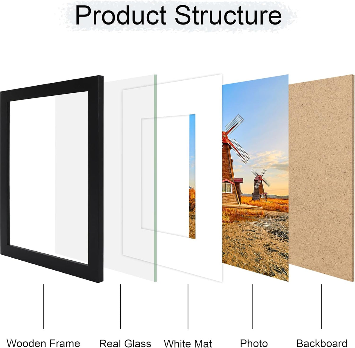 8x10 Picture Frame Set of 4, 8 x 10 Wood Photo Frames with Mat for 5x7, Wooden Frame with Real
