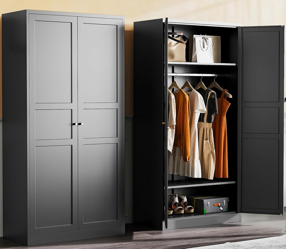 SISESOL Metal Wardrobe Cabinet with Hanging Rod,Black Armoire Wardrobe Closet,Metal Clothing