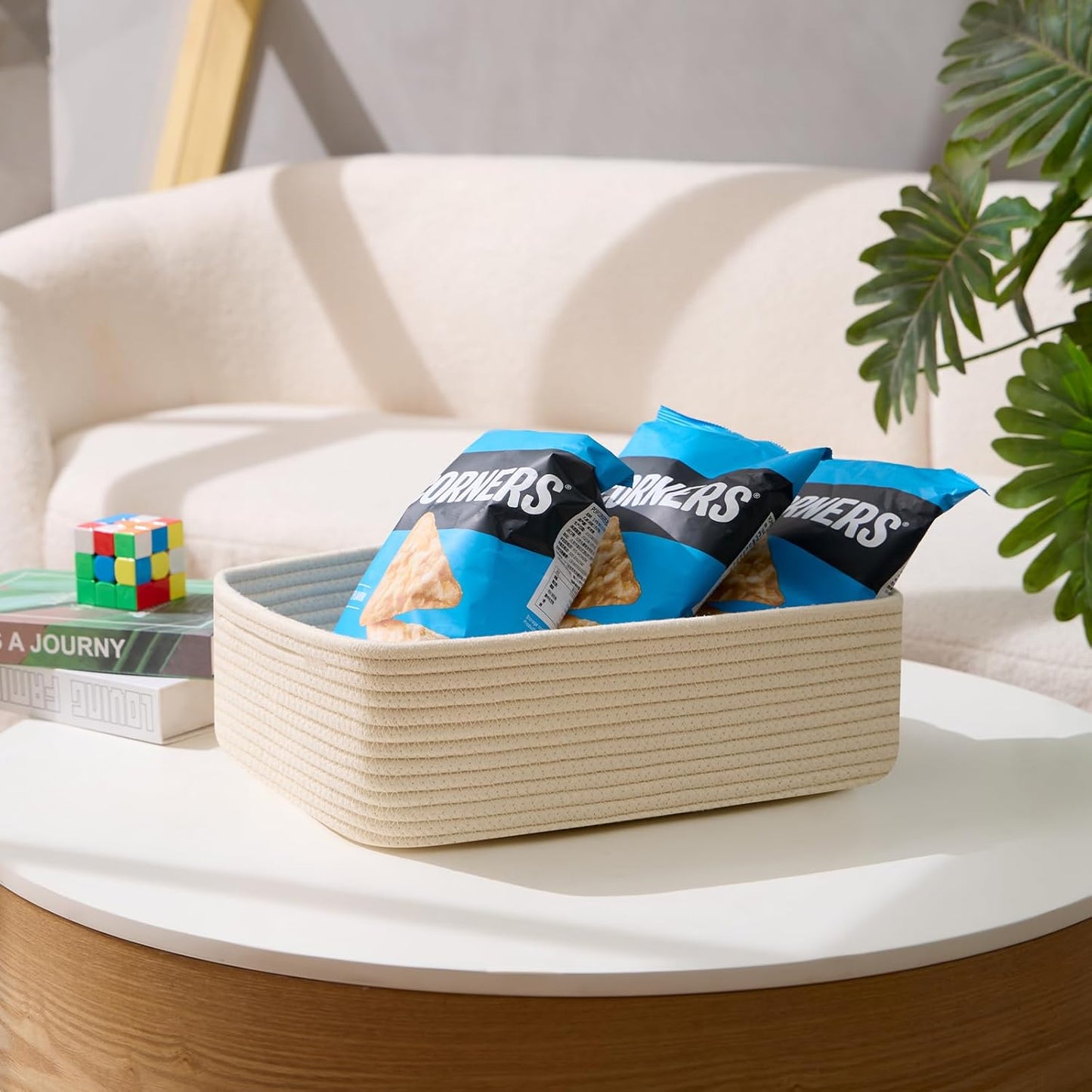 Large Shallow Organizing Baskets 15x11x5.1 Inches - Rope Woven Storage Bins for Bathroom, Shelves