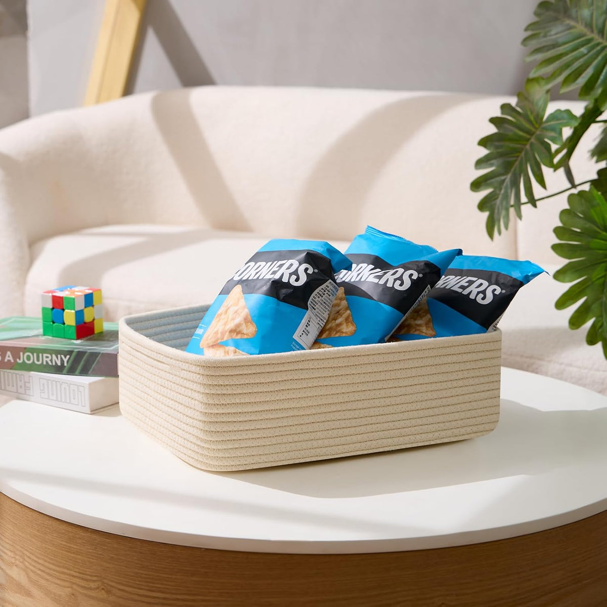 Large Shallow Organizing Baskets 15x11x5.1 Inches - Rope Woven Storage Bins for Bathroom, Shelves