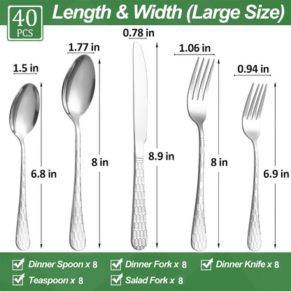 40 Pcs Silverware Set for 8 with Water Cube Handle design, Food Grade Stainless Steel Flatware Set