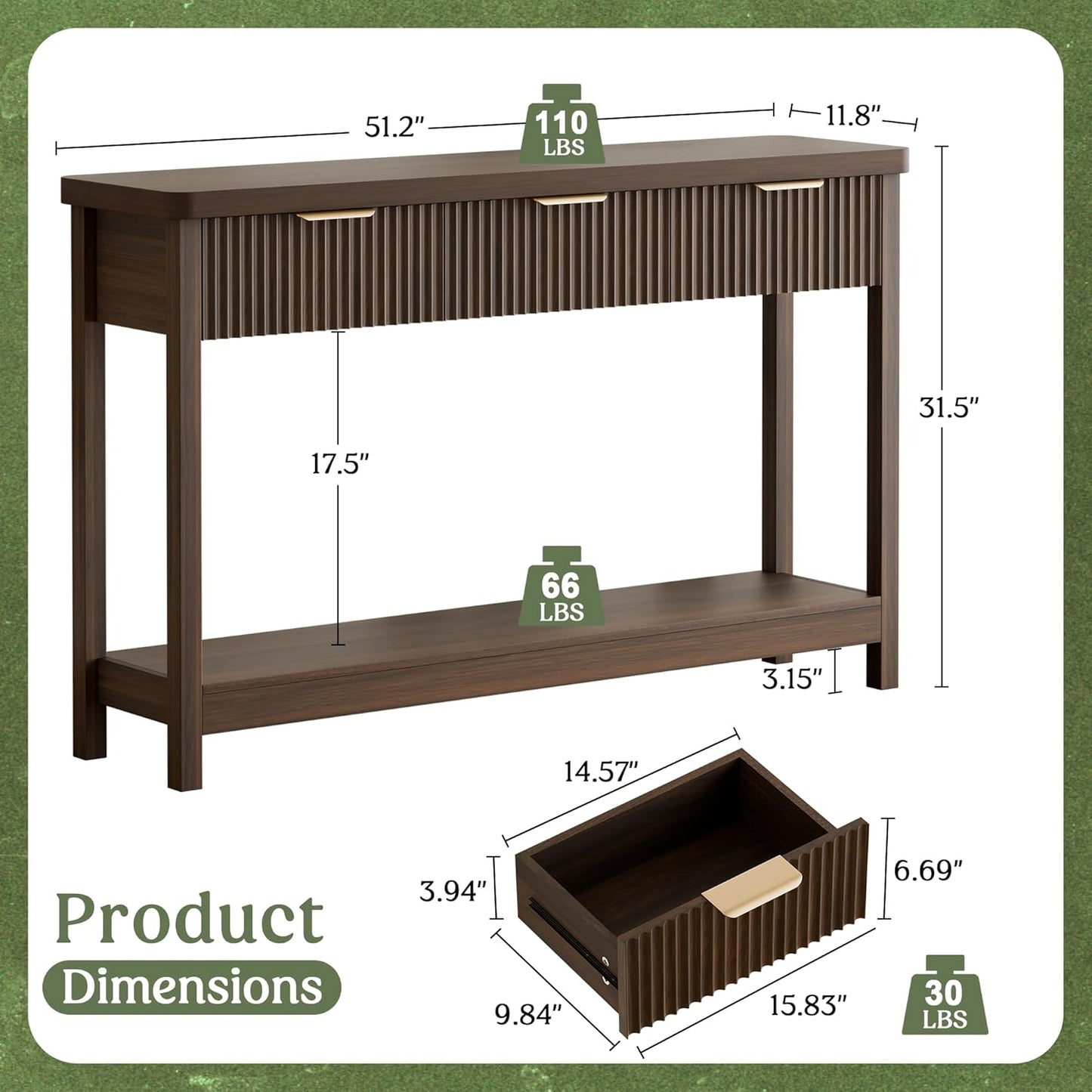 Lulive 51" Fluted Console Table for Entryway, Entryway Table with 3 Wooden Drawers, Farmhouse