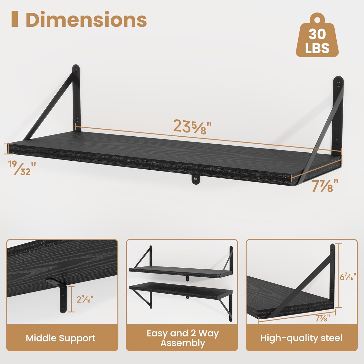 Heimlove 24 Inches Black Floating Shelves,8 Inches Deep Wall Bookshelf Mounted Display&Storage Wood