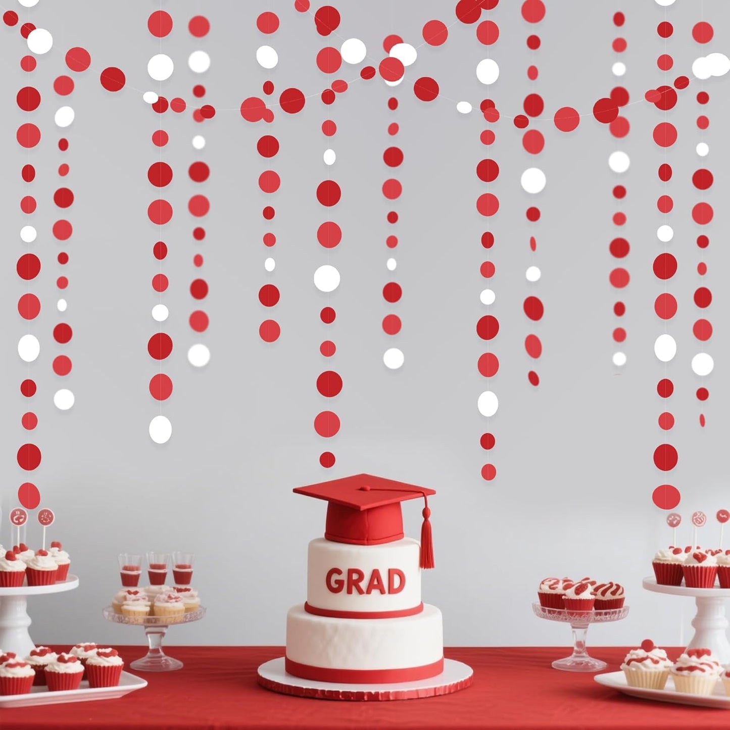 46 Ft Red Party Decorations Polka Dots Garlands Red and White Hanging Paper Circle Dots Streamer