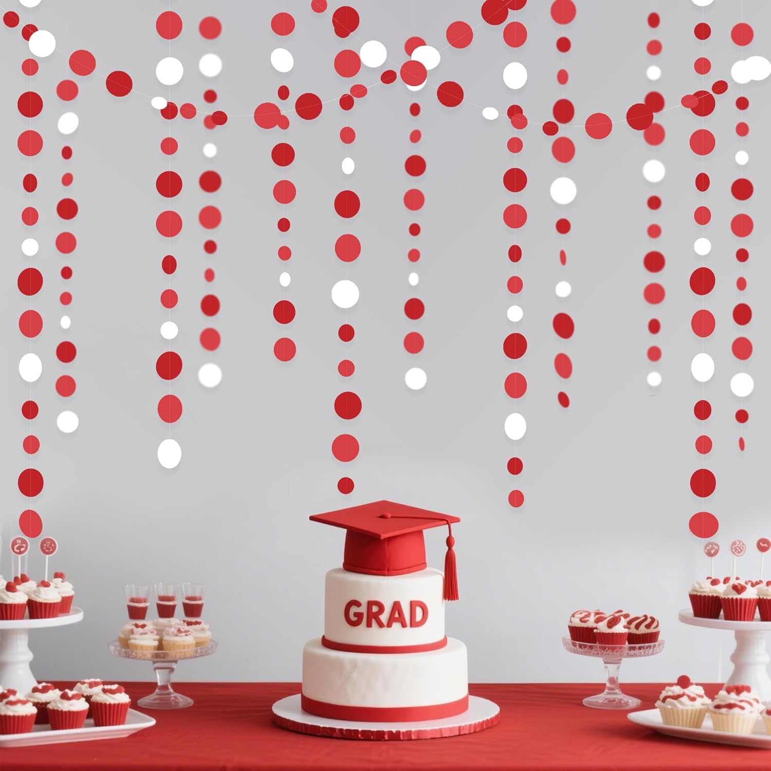 46 Ft Red Party Decorations Polka Dots Garlands Red and White Hanging Paper Circle Dots Streamer