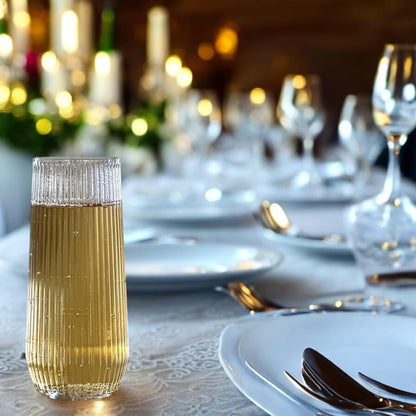 24 Pack Ribbed Origami Ripple Plastic Glasses, 12-9 Ounce Stemless Champagne Flutes & 12-12 Ounce