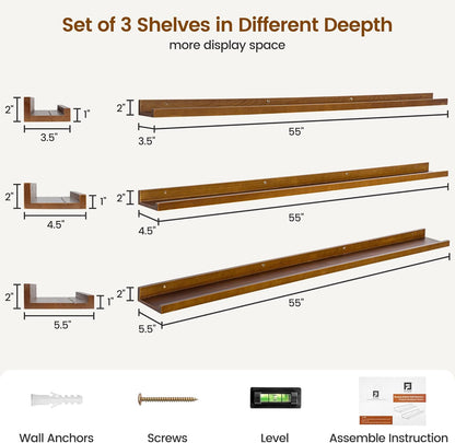 Picture Ledge Wall Shelves 56 inches Width Set of 3, Solid Pine Wood Rustic Floating Ledge Shelves