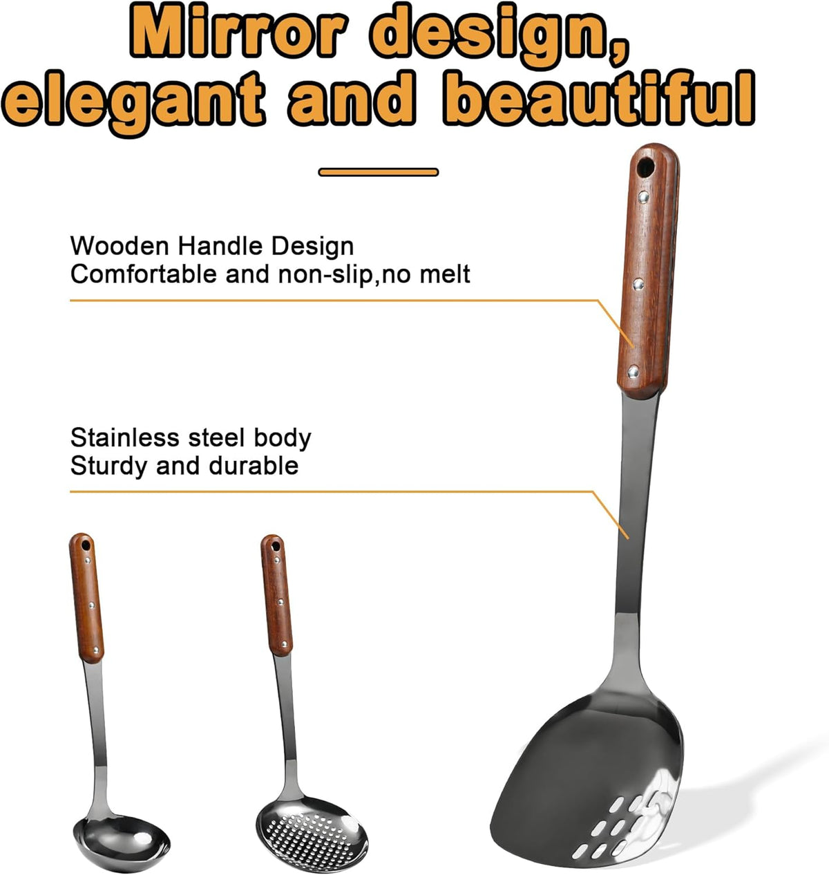 FJNATINH Stainless Steel Wok Spatula,Ladle,Skimmer Ladle Tool Set,Mirror Polished Cooking Utensils