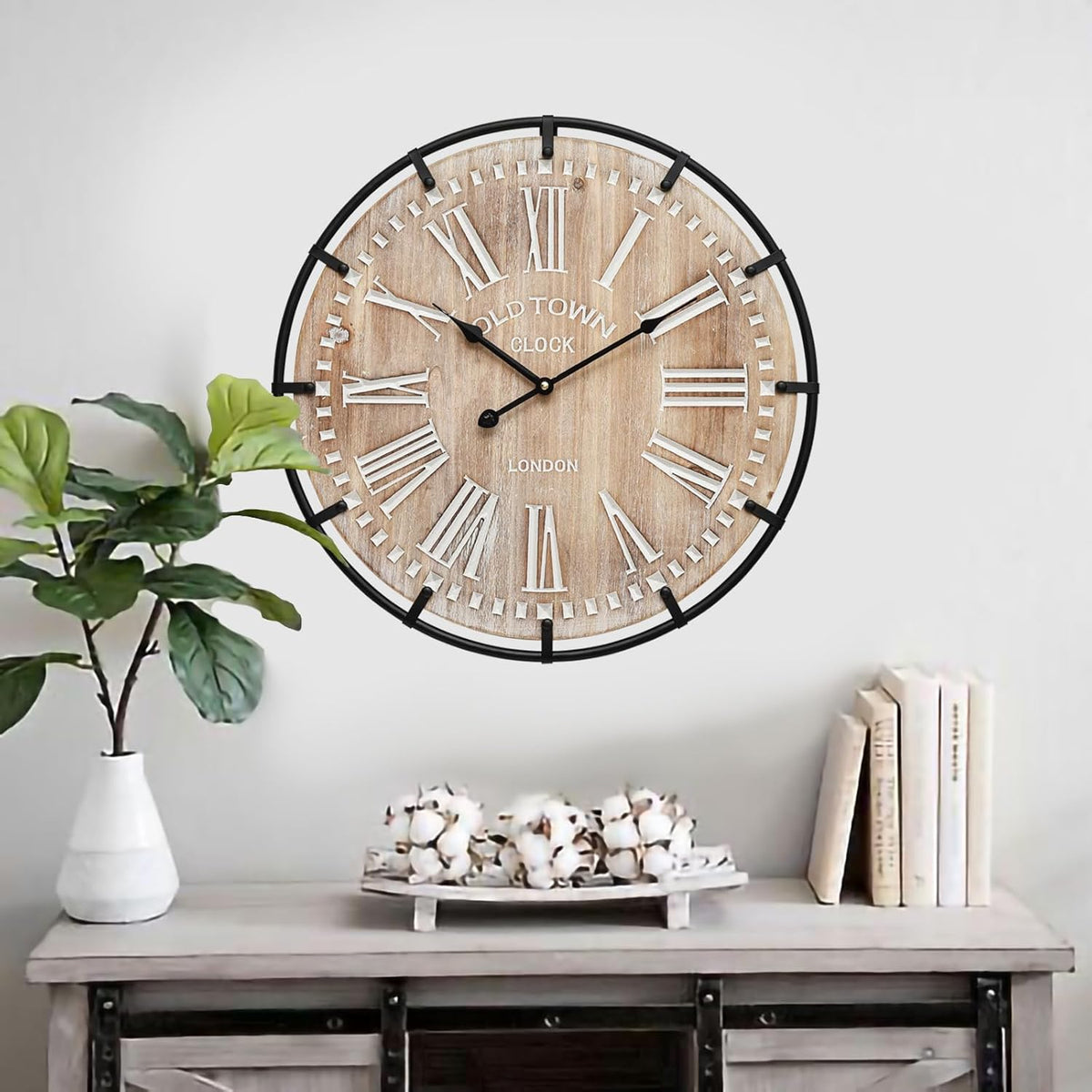 20 Inch Large Farmhouse Wall Clock, Rustic Antique Wood with Metal Circle and Large Engraved