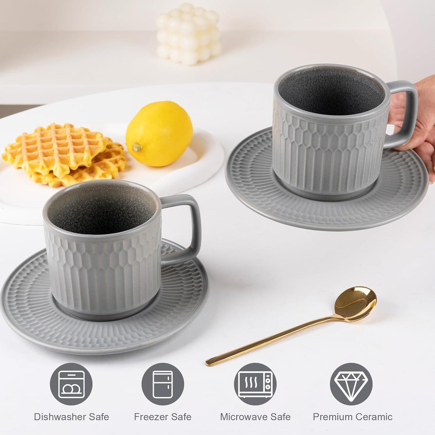 Large Cappuccino Cups with Saucers Set of 4, 8 Ounce Stackable Embossed Ceramic Coffee Mugs for