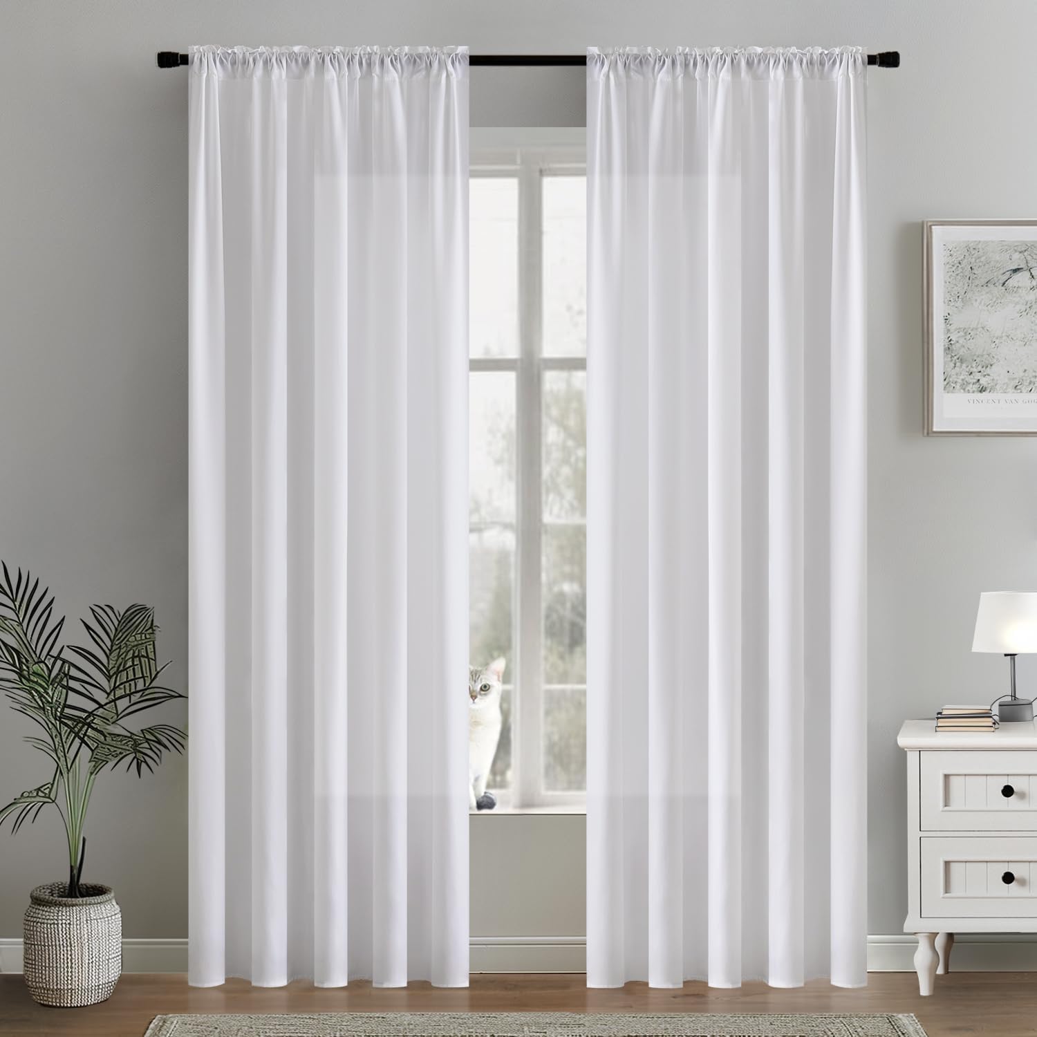 MIULEE White Privacy Sheer Curtains That Let Light in 72 Inches Long Non-See-Through Semi Sheer