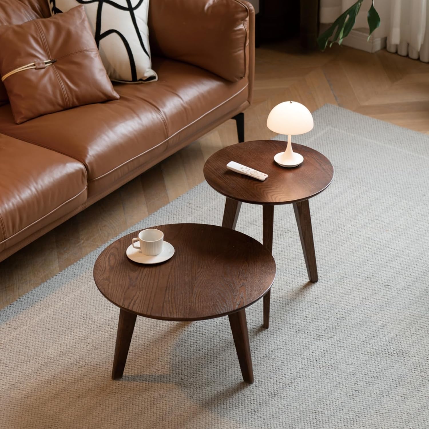 100% Solid Oak Wood Coffee Table Set, Round Coffee Table Combo Side Table w/Solid Wood Legs, Mid
