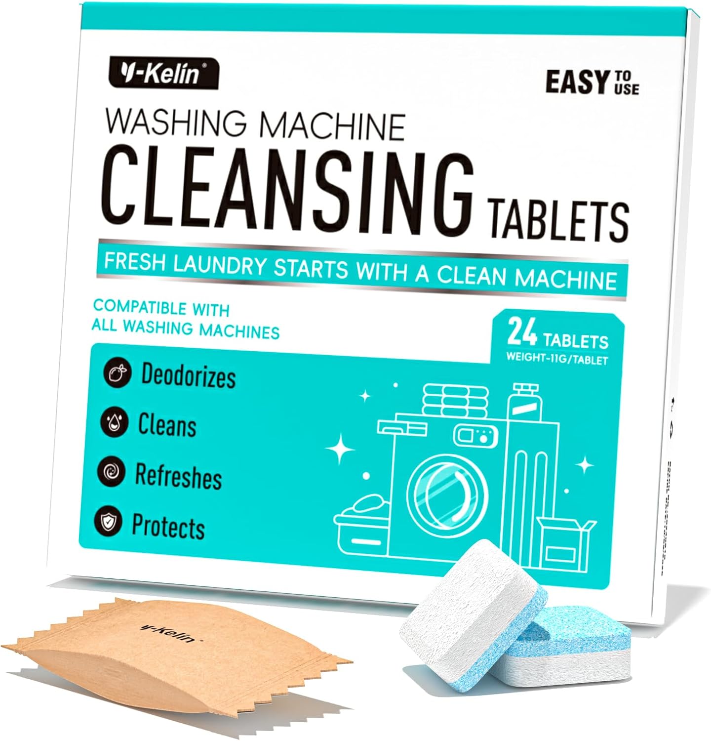 Washing Machine Cleaner Tablets 24 Pack -1 Year Supply for HE Front Loader & Top Load Washer,Septic