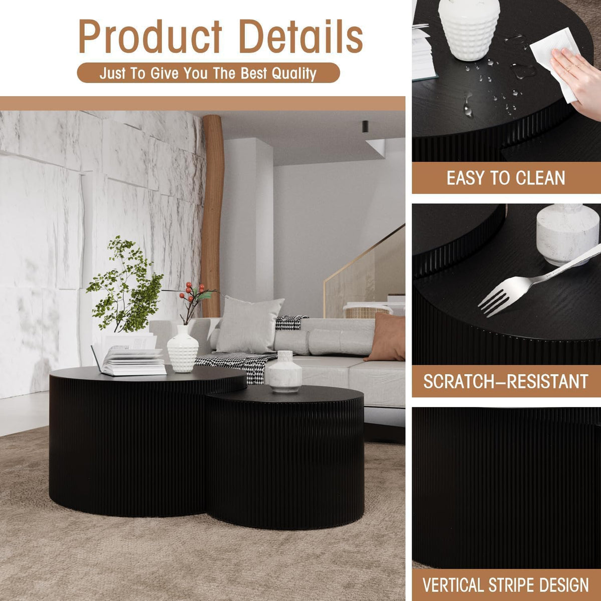 Round Nesting Coffee Table Wood Drum Nesting Tables Modern Stacking Coffee Table Set of 2 Fluted