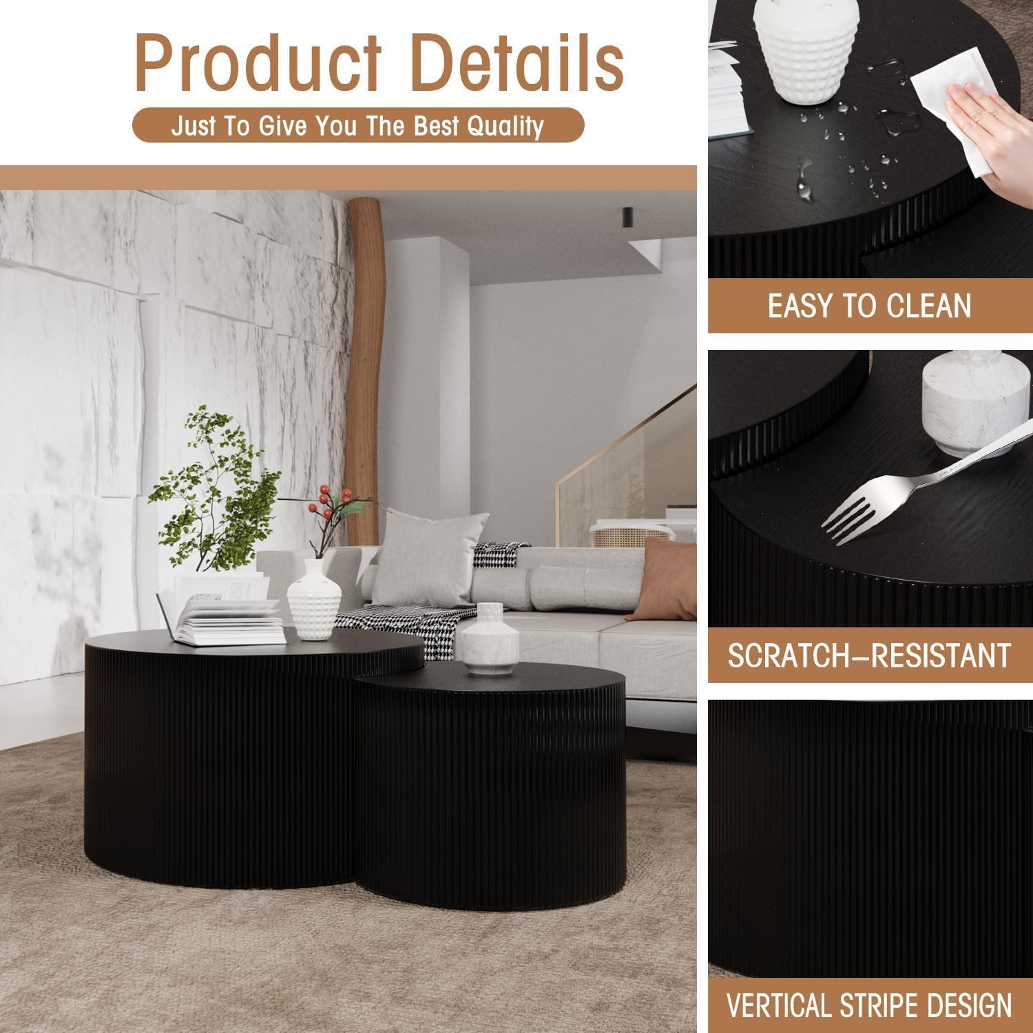 Round Nesting Coffee Table Wood Drum Nesting Tables Modern Stacking Coffee Table Set of 2 Fluted