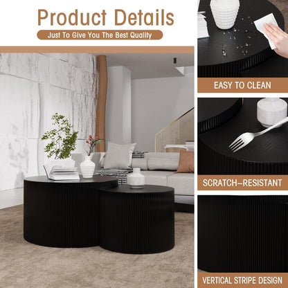 Round Nesting Coffee Table Wood Drum Nesting Tables Modern Stacking Coffee Table Set of 2 Fluted
