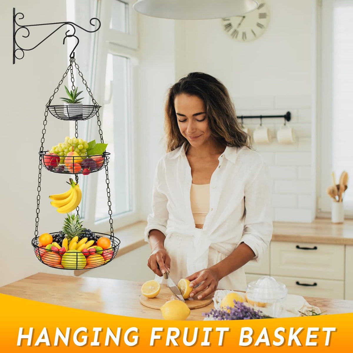 HULISEN 3 Tier Hanging Fruit Basket with Banana Hook, Heavy Duty Wire Hanging Baskets for Kitchen