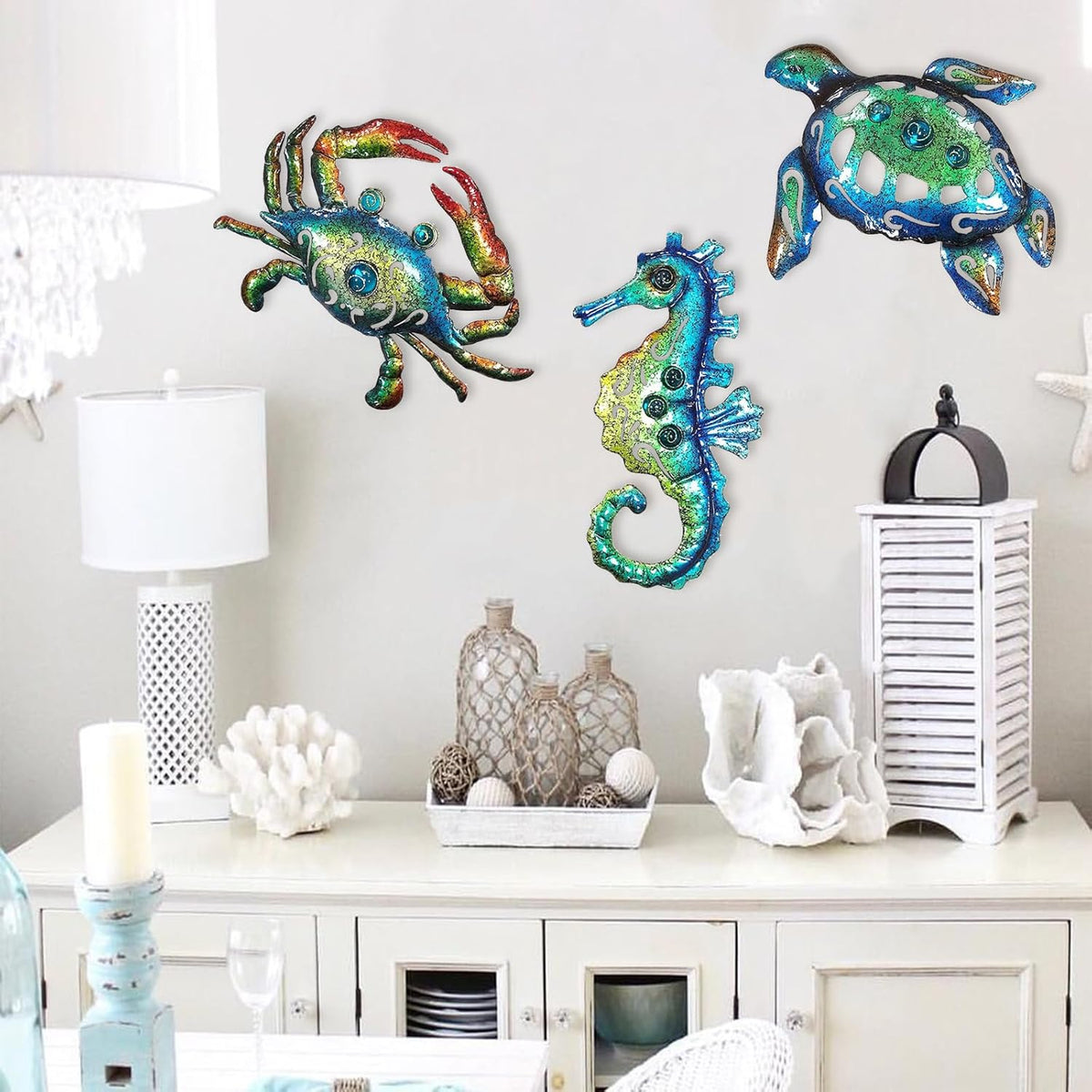 Weibefee Metal Sea Turtle Seahorse Crab Beach Themed Bathroom Wall Art Decor, Ocean Themed Wall