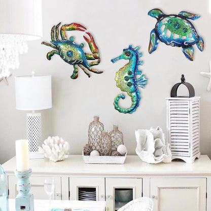 Weibefee Metal Sea Turtle Seahorse Crab Beach Themed Bathroom Wall Art Decor, Ocean Themed Wall