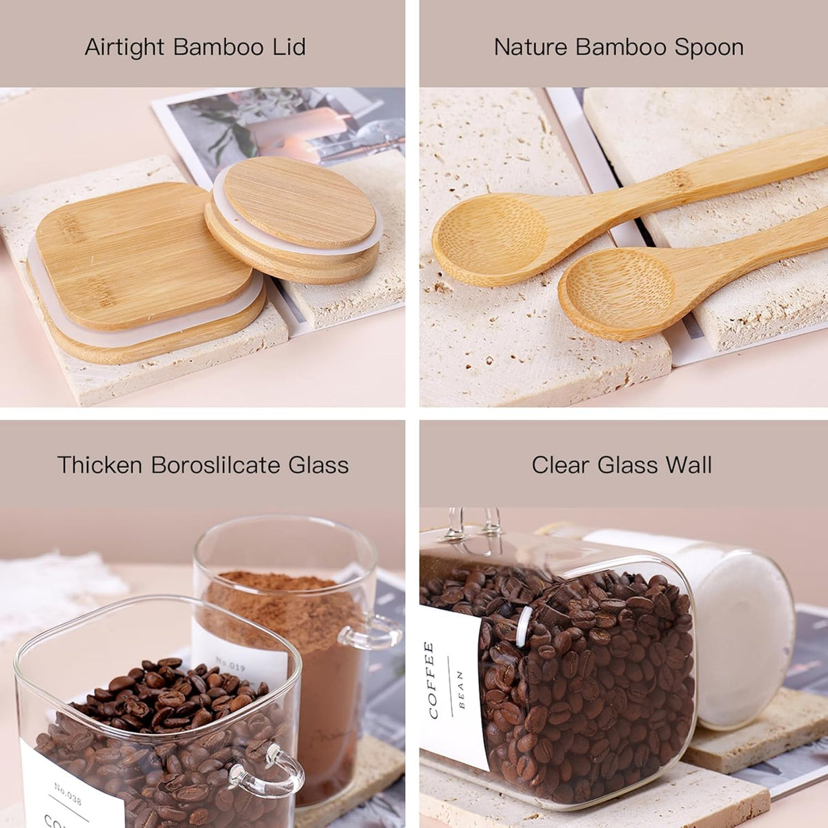 6 Pack Glass Jars with Bamboo Lid and Spoons - 17Oz/27Oz Borosilicate Glass Jars with 132 Pantry