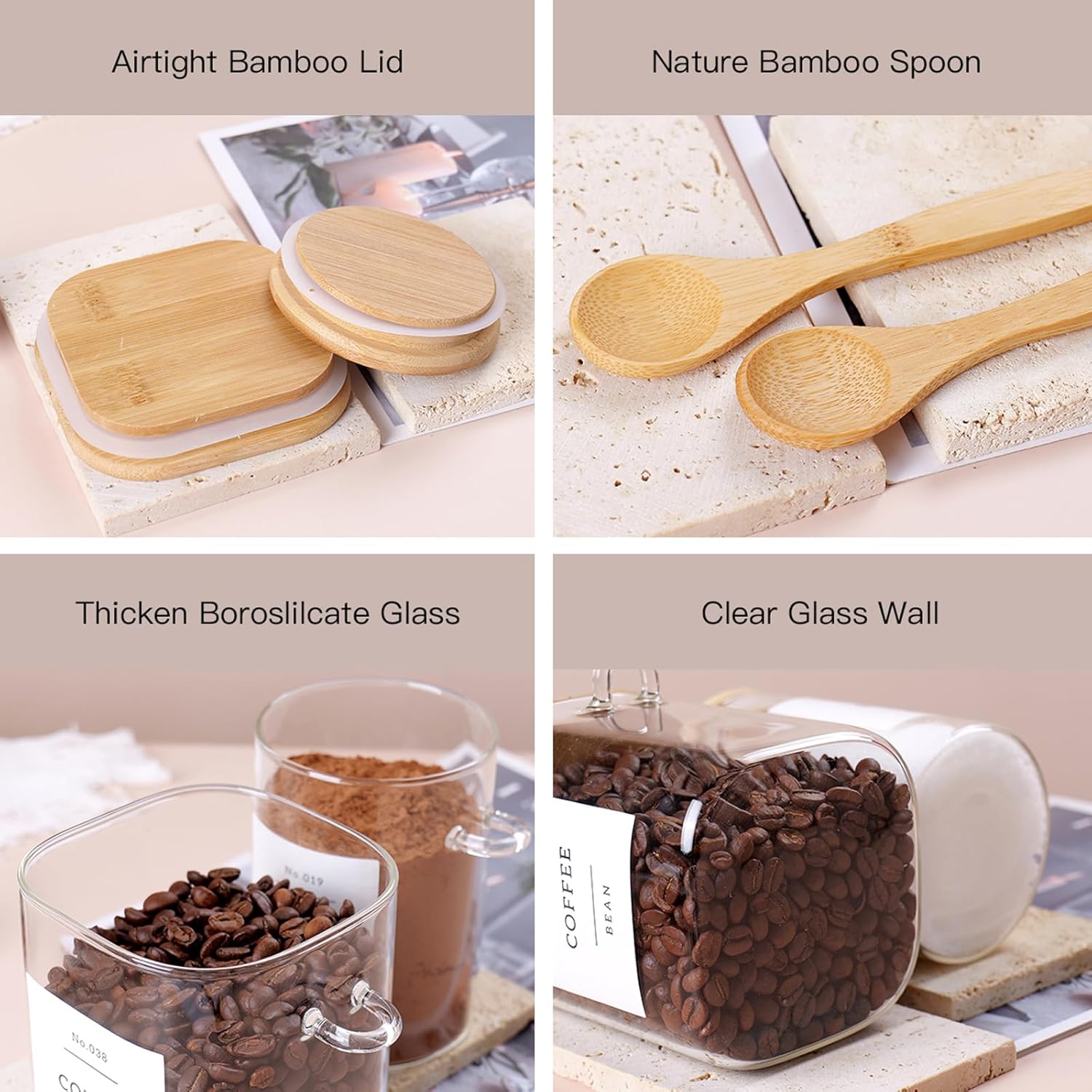 6 Pack Glass Jars with Bamboo Lid and Spoons - 17Oz/27Oz Borosilicate Glass Jars with 132 Pantry