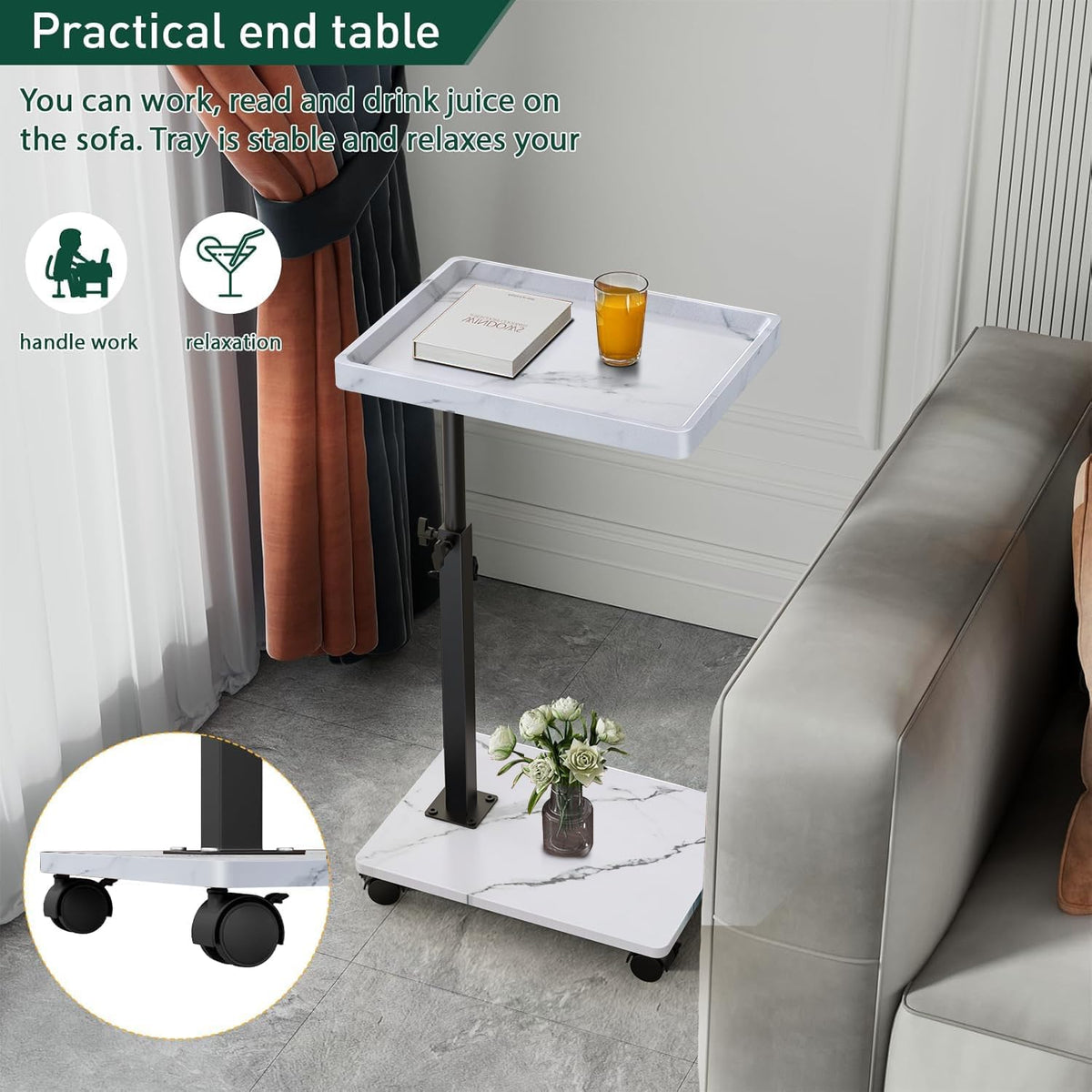 C Table End Table Adjustable Height, 360°Swivel TV Tray Table for Small Spaces, Couch Tables That