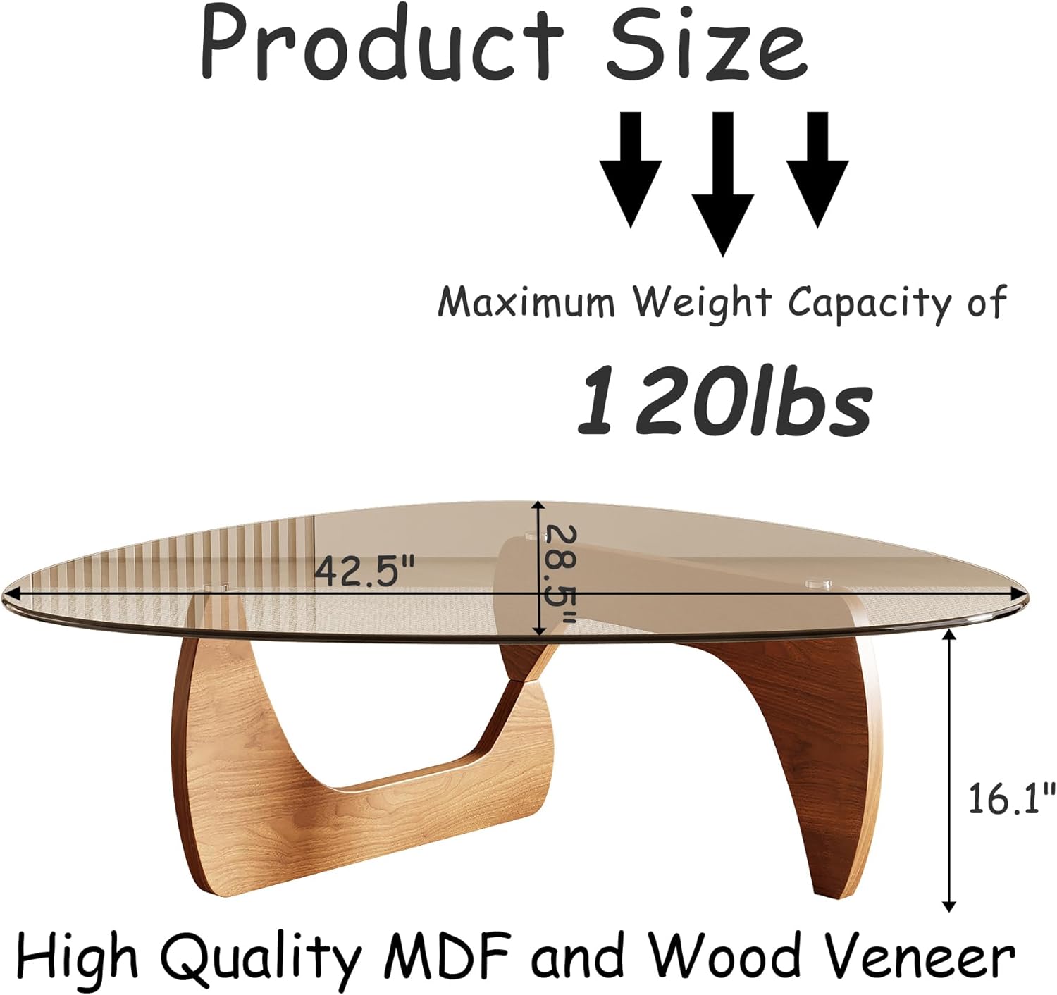Honyee Morden Coffee Table, 42.5" x 28.5" x 16.1" Triangle Tempered Glass Top for Living Room