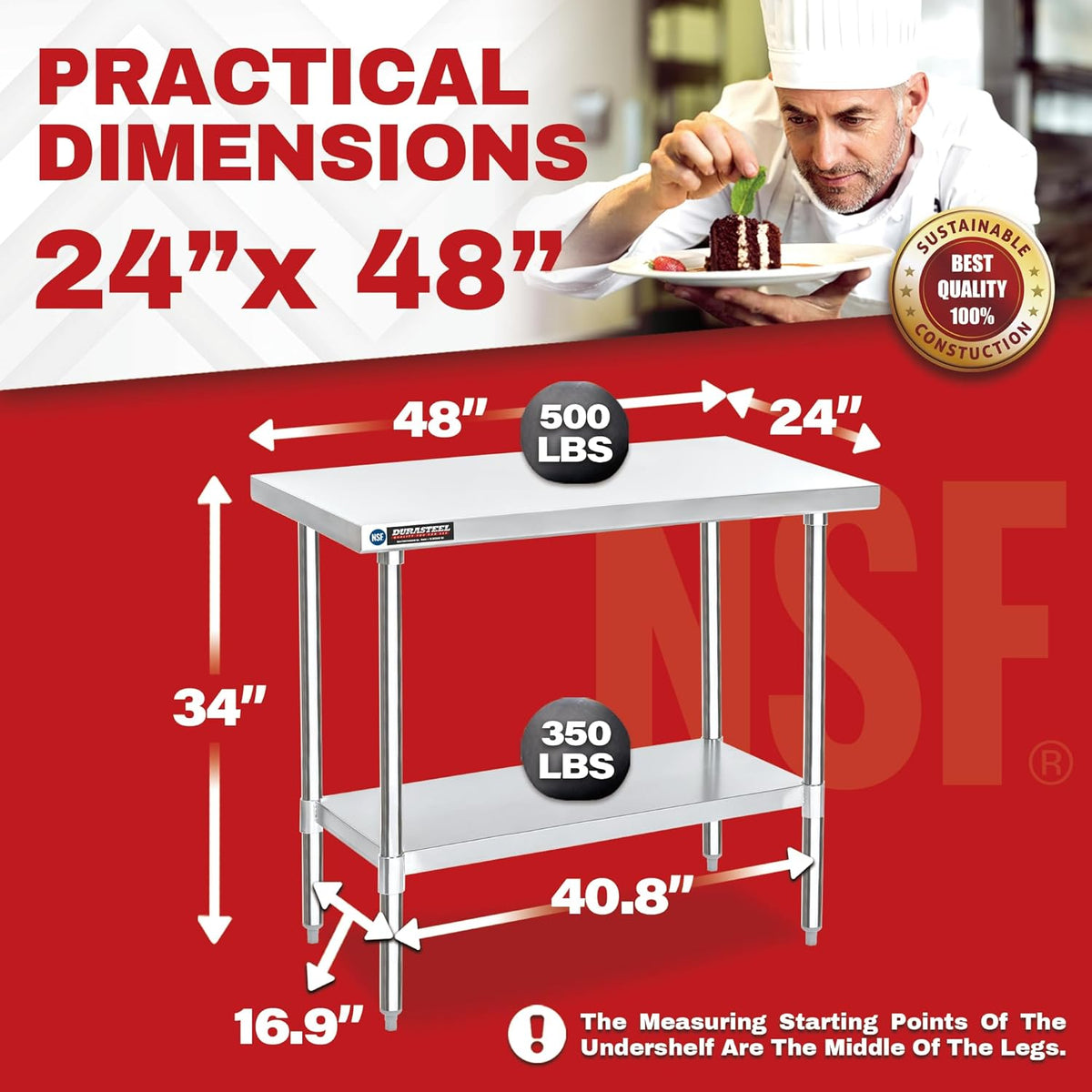 DuraSteel 24x48 Stainless Steel Work Table - NSF Commercial Prep Metal Table - Outdoor Pizza Oven