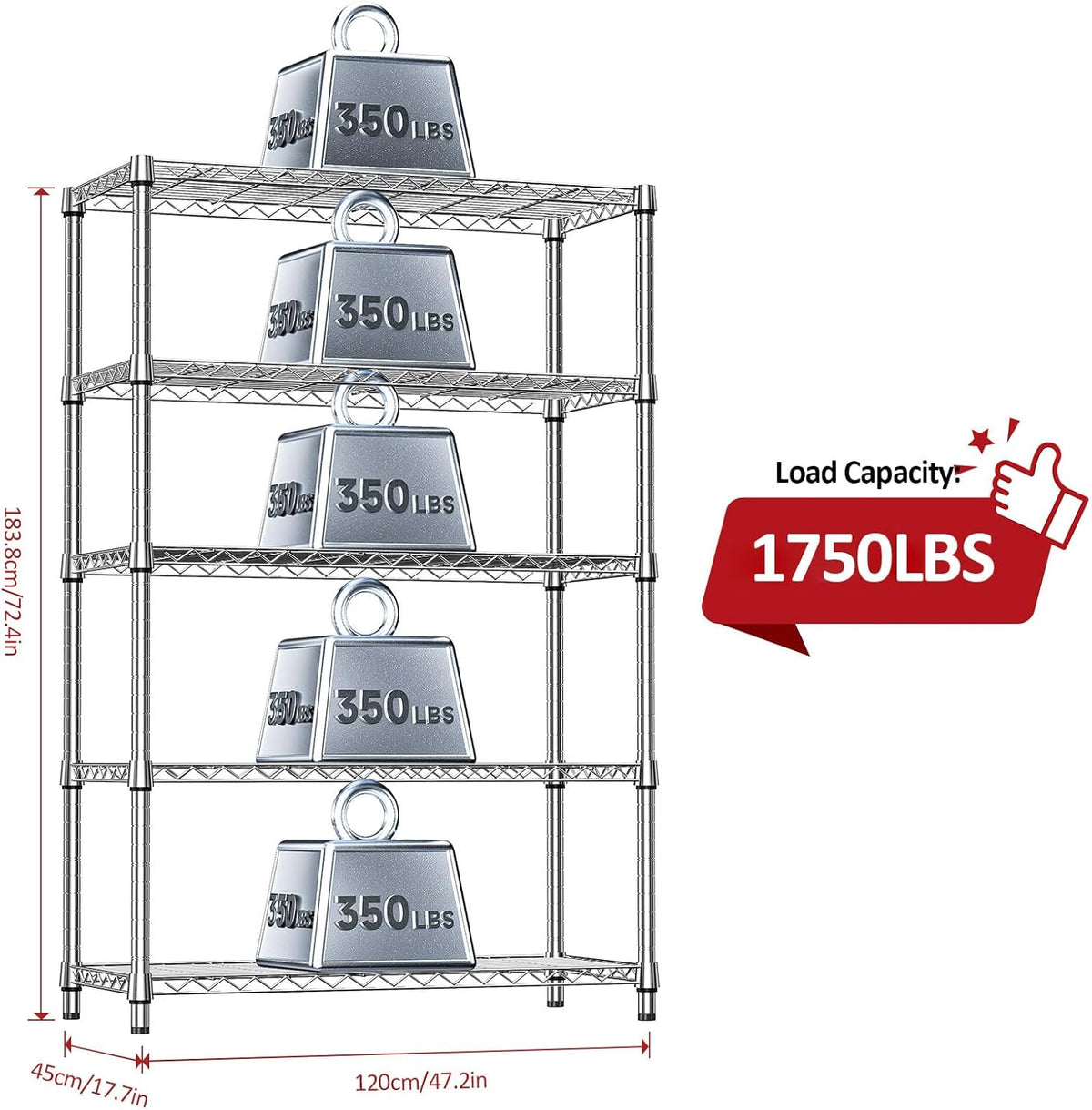 IZEUK 5-Tier Heavy Duty Metal Storage Shelving Unit (Chrome, 17.7" D x 47.2" W x 72.3" H, 1750 lbs