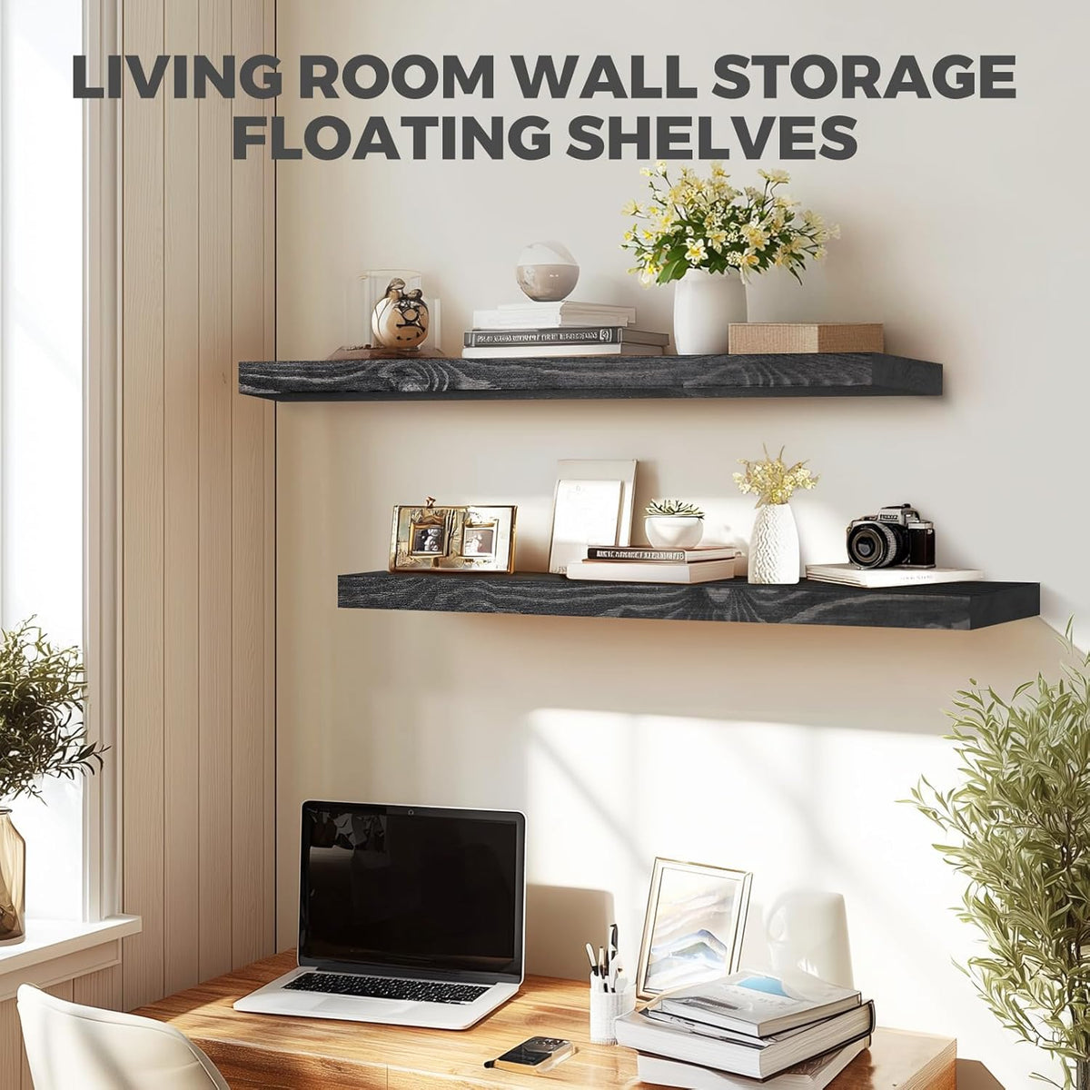 36"x6.8"x1.2" Solid Wood Floating Shelves 2-Pack - Rustic Black Finish with Hidden Brackets