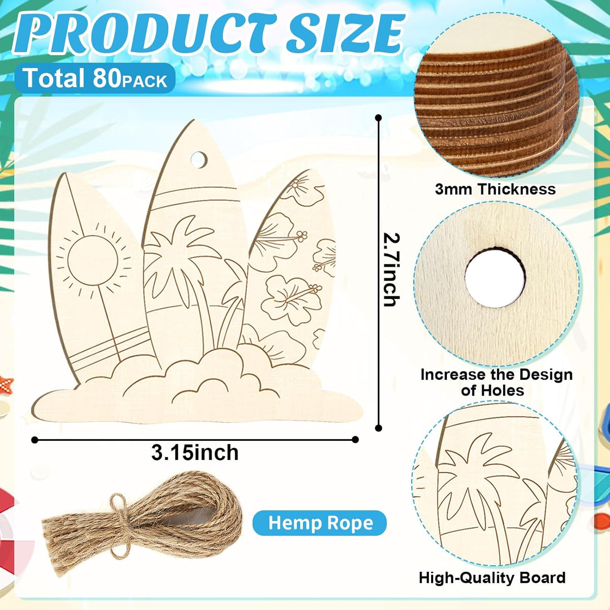 80PCS Wooden Summer Ornaments to Paint, 10 Styles DIY Blank Unfinished Wood Beach Cutouts Ornament