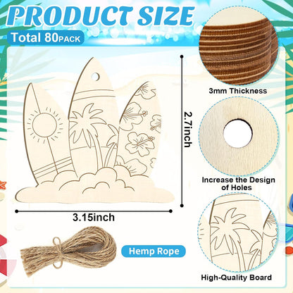 80PCS Wooden Summer Ornaments to Paint, 10 Styles DIY Blank Unfinished Wood Beach Cutouts Ornament