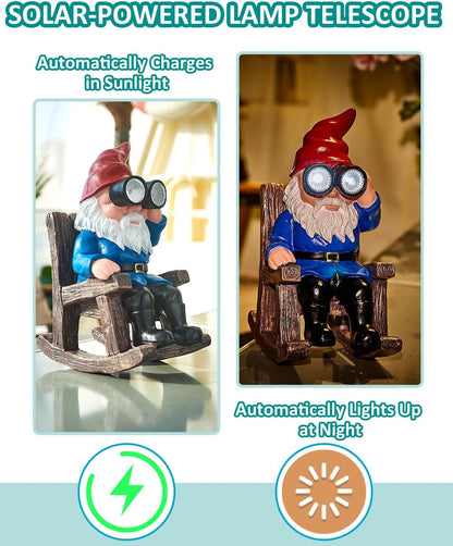 Solar Garden Gnome Statues Resin Gnome Figurines Sitting on Rocking Chair Outdoor Telescope Gnome