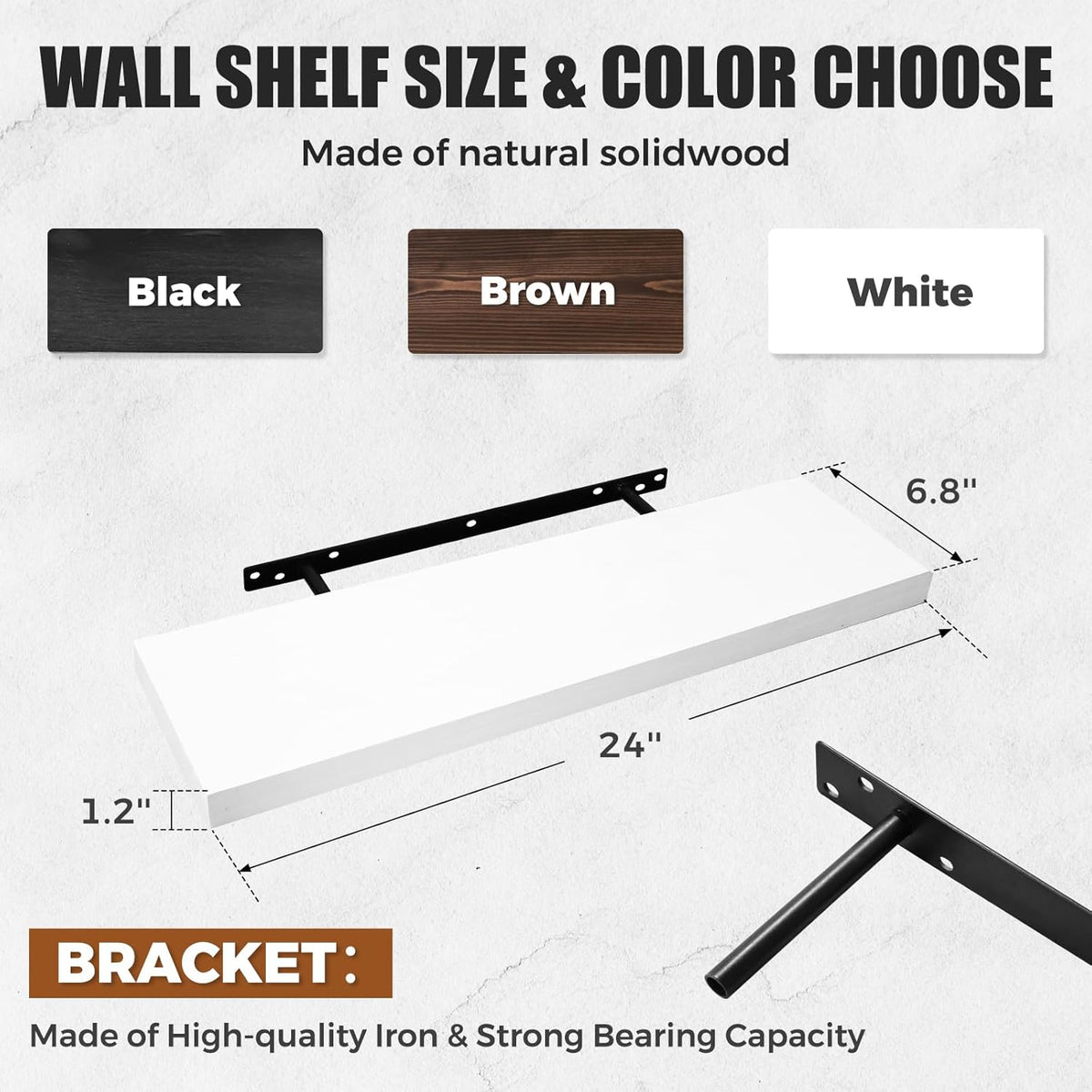 24"x6.8"x1.2" Solid Wood Floating Shelves 2-Pack - Rustic White Finish with Hidden Brackets