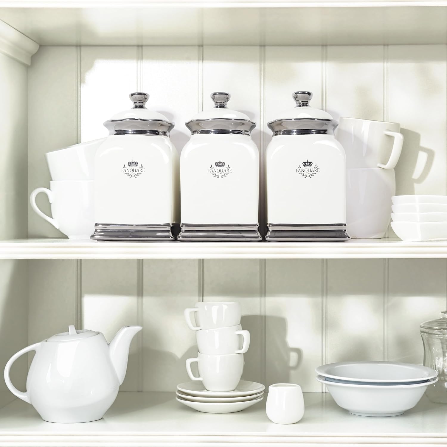 fanquare 30 OZ Cookie Jar, White Kitchen Canisters Set of 3, Farmhouse Porcelain Decorative Jars