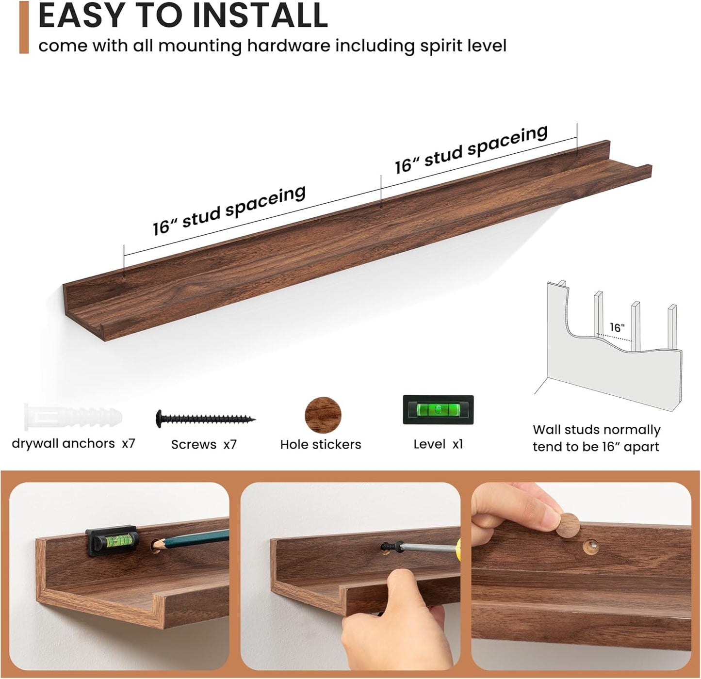 Fun Memories Picture Ledge Shelves Set of 2, 24 Inch Rustic Wall Mounted Floating Shelves with Lip