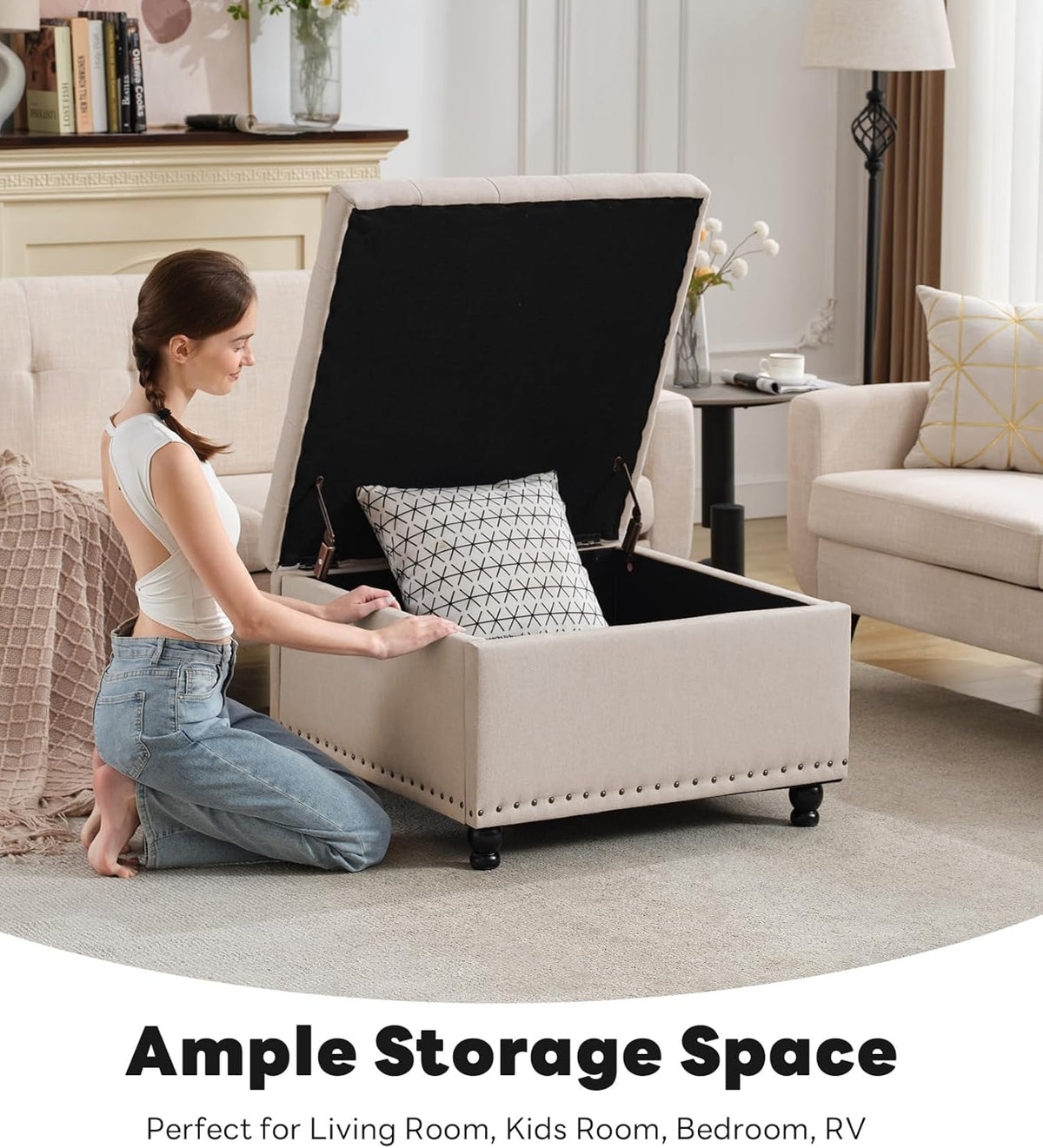 Tbfit Large Square Storage Ottoman Bench, Botton Tufted Upholstered Coffee Table with Wooden Legs
