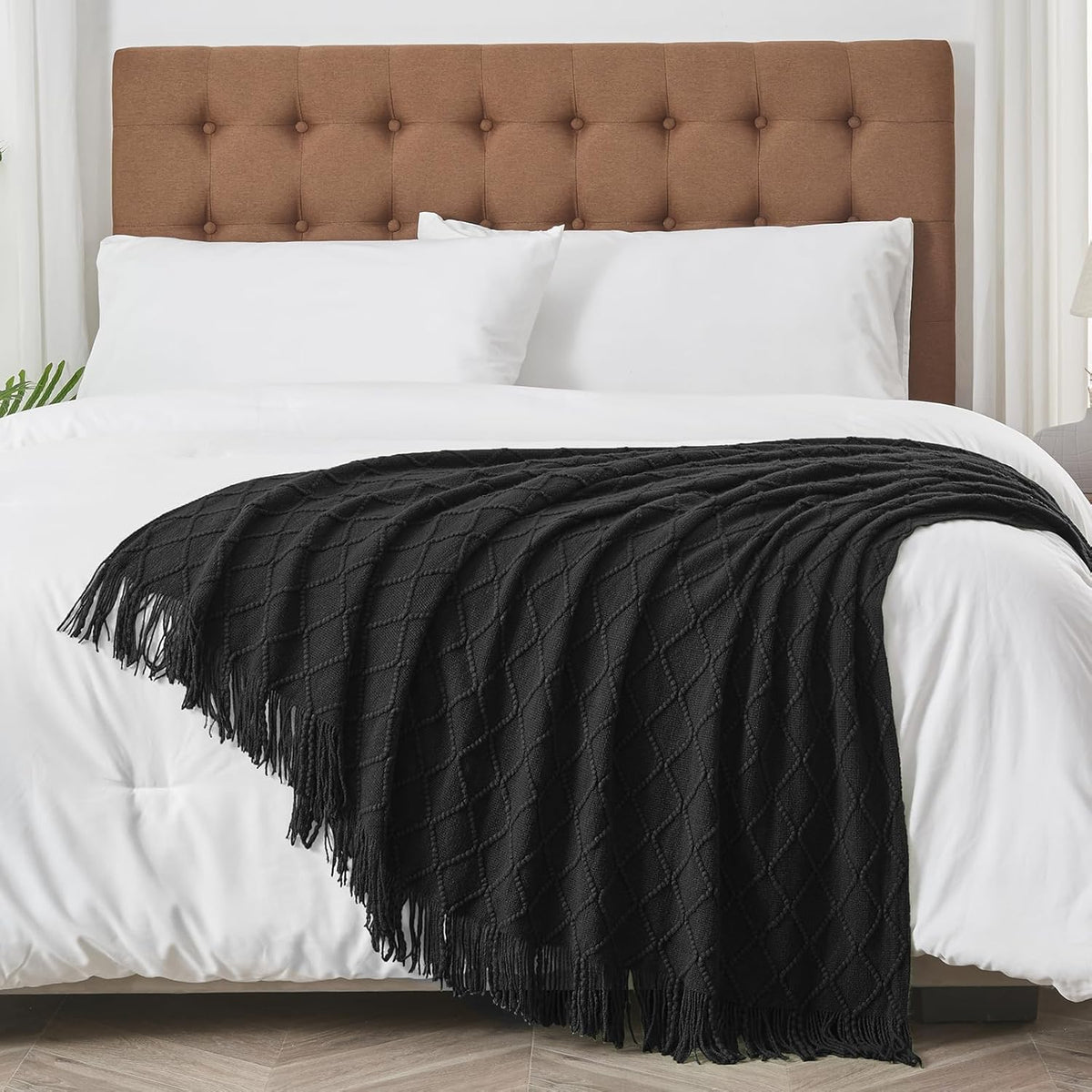 inhand Knitted Throw Blankets for Couch and Bed, Soft Cozy Knit Blanket with Tassel, Black