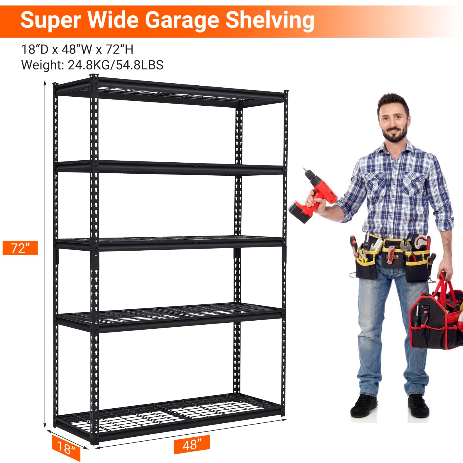 Towallmark Heavy Duty Storage Shelves 48 * 18in, 5 Tier Garage Storage Shelving, Adjustable Metal