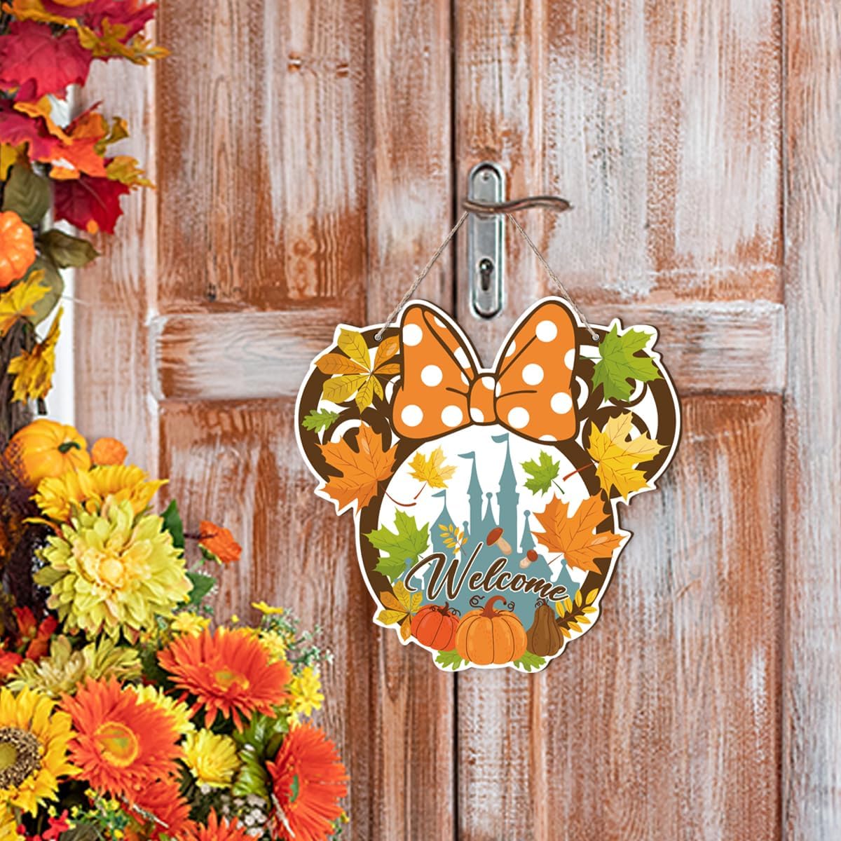 Fall Mouse Welcome Door Sign, Wooden Maple Leaves Mushroom Hanging Decor for Front Door, Fall Wood