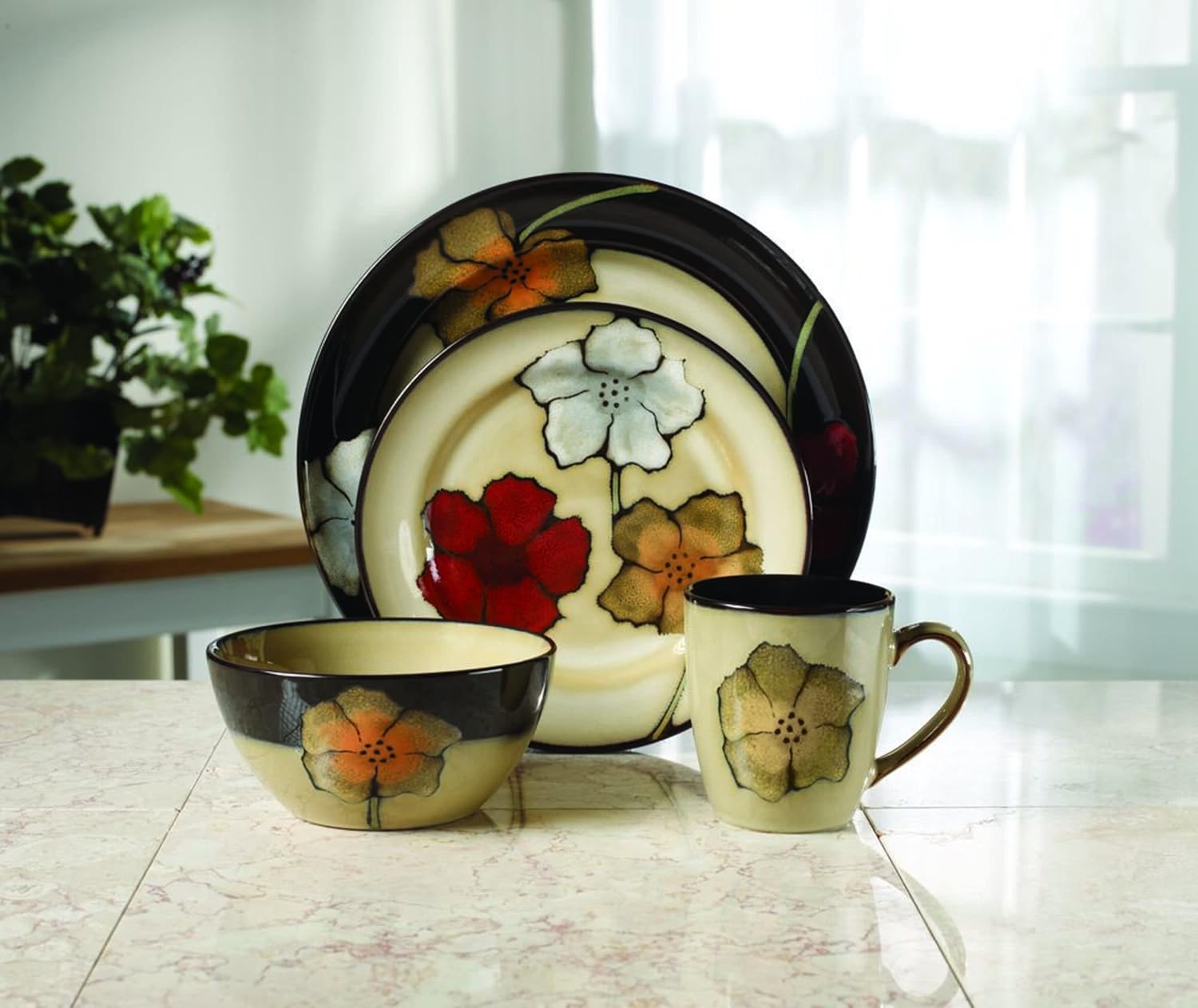 Pfaltzgraff Painted Poppies 16-Piece Dinnerware Set, Service for 4, Colorful Floral Stoneware