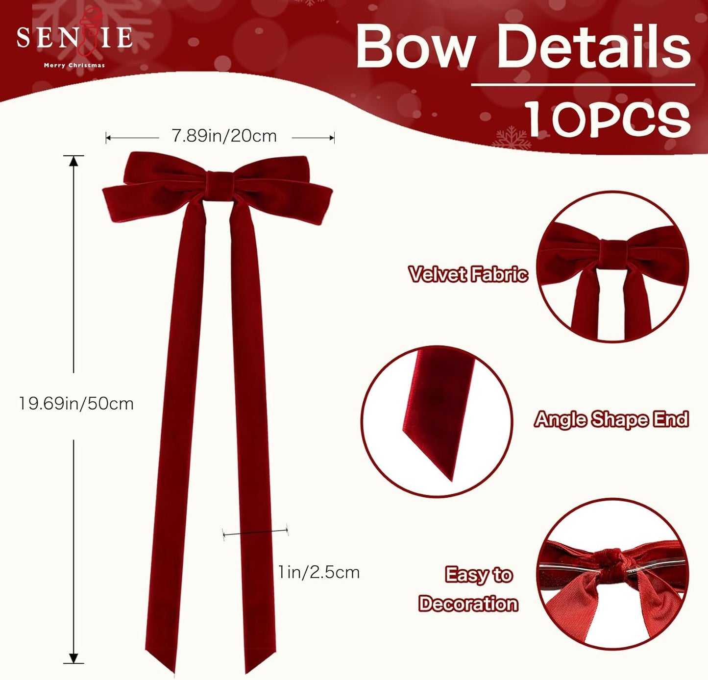 Senjie 10Pcs Large Velvet Christmas Tree Bows, 20in x 8in Premade Vintage Ribbon Tree Topper Bows