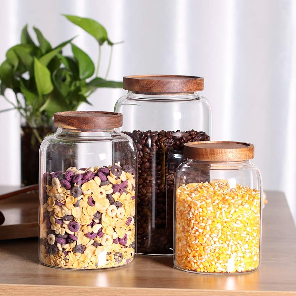 Glass Storage Jars with Airtight Lids, Set of 2 42 FL OZ (1250ml) coffee container with Wooden Lid