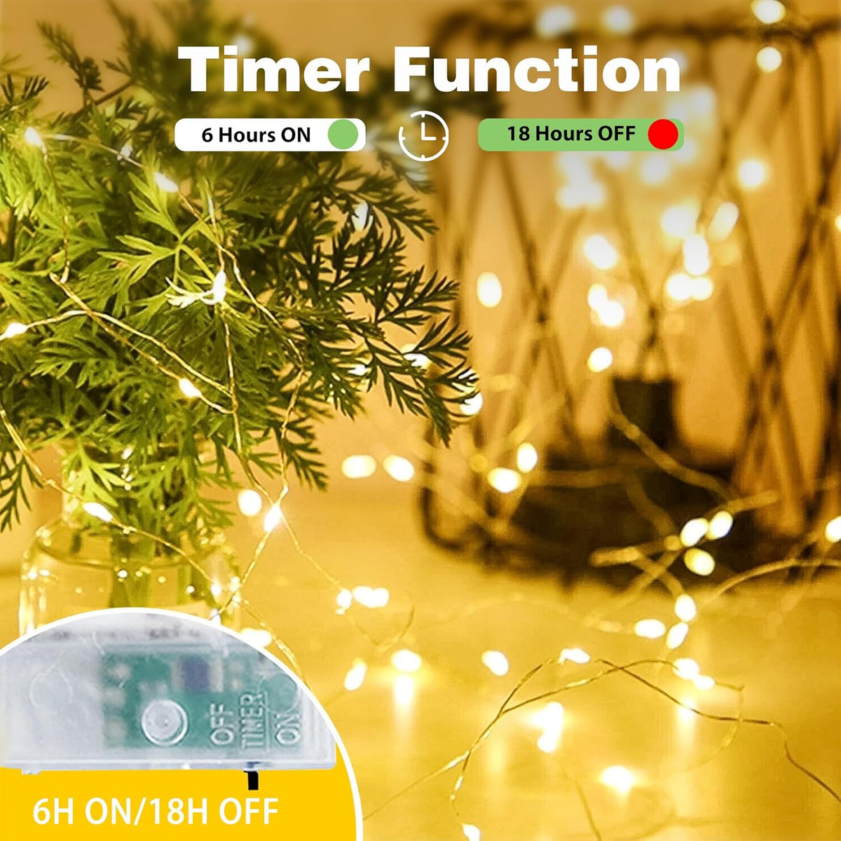 2-Pack Fairy Lights Battery Operated with Timer, Waterproof 16FT 50 LED String Lights Indoor