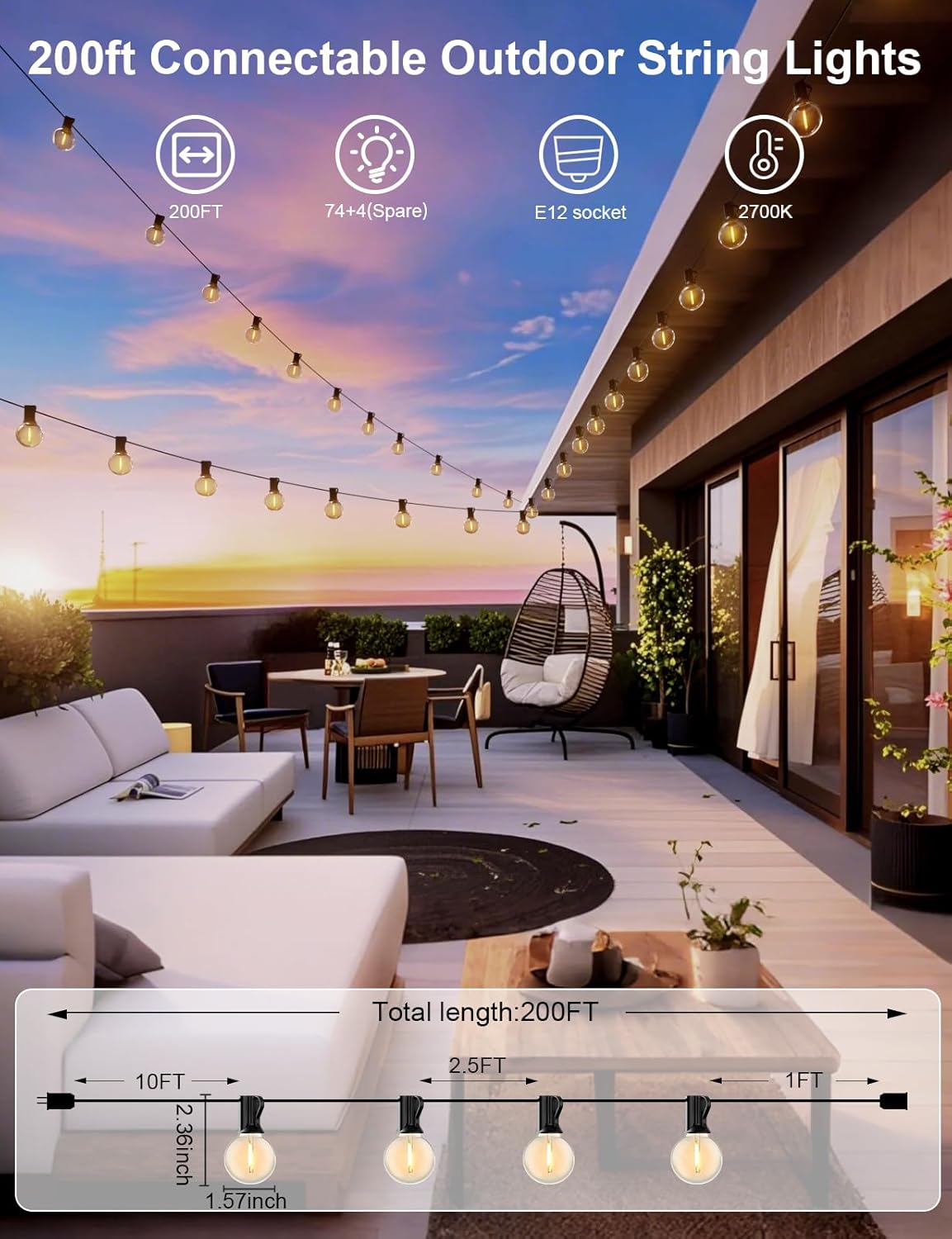 RTTY Outdoor String Lights 200 FT Globe LED Patio Lights with G40 Plastic Bulbs,Waterproof