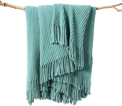 lifein Throw Blanket for Couch, Soft Boho Decor Bed Throw,Cozy Blue Chenille Knitted Small