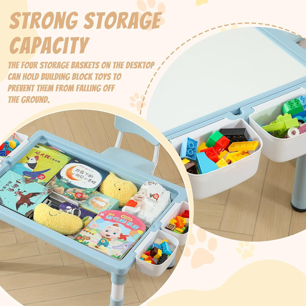 Multi Functional Kids Table and 2 Chairs Set, Graffiti & Building Blocks Double-Sided Tabletop